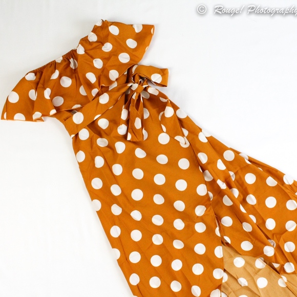 Polka Dot Strapless Flounce Midi Dress w/Slit - Picture 6 of 8